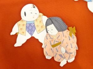 アンティーク　塩瀬　手描き　御所人形模様名古屋帯